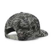 Back of Buc-ee’s camo trucker hat showing camouflage mesh panels and gray snapback strap with beaver logo tab