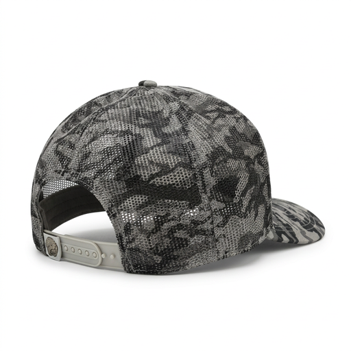 Back of Buc-ee’s camo trucker hat showing camouflage mesh panels and gray snapback strap with beaver logo tab