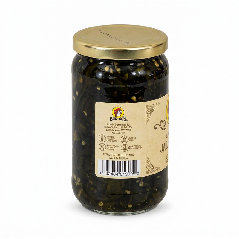 Buc-ee’s Candied Jalapeños side label showing gluten free and Made in USA claims, with sliced peppers and seeds in the jar