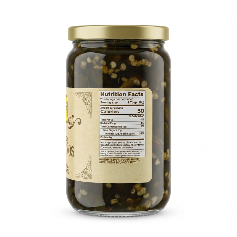 Buc-ee’s Candied Jalapeños side label with nutrition facts and ingredients, 50 calories per 1 Tbsp serving, in a glass jar