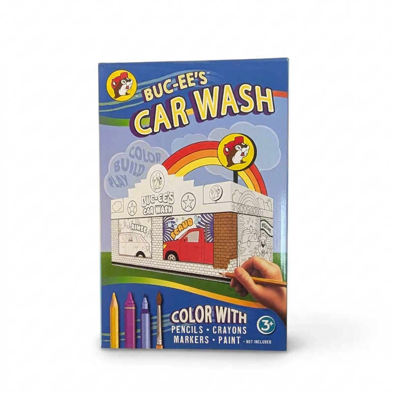 Buc-ee’s Color & Build Car Wash activity kit box showing a build-your-own model to color, for ages 3 and up