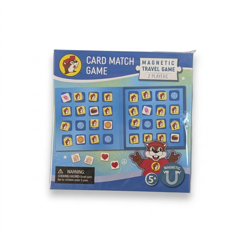 Buc-ee’s Card Match magnetic travel game for 2 players, ages 5 and up, with beaver logo tiles that flip to reveal snacks