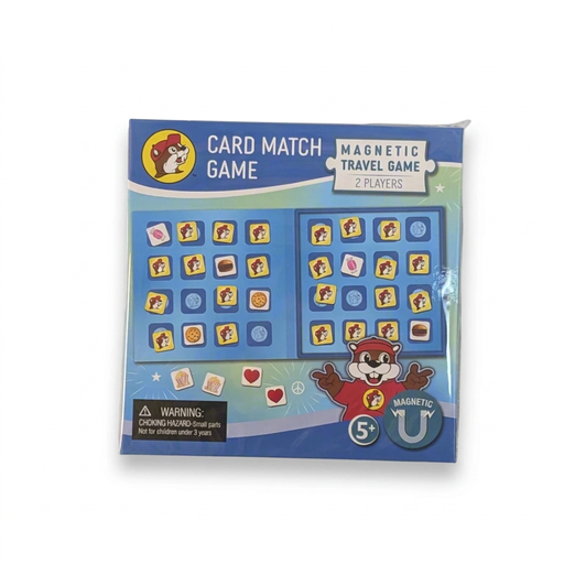 Buc-ee’s Card Match magnetic travel game for 2 players, ages 5 and up, with beaver logo tiles that flip to reveal snacks