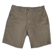 Buc-ee’s Caribou fishing twill shorts in light brown with belt loops, button closure, slant pockets, and a side utility pocket