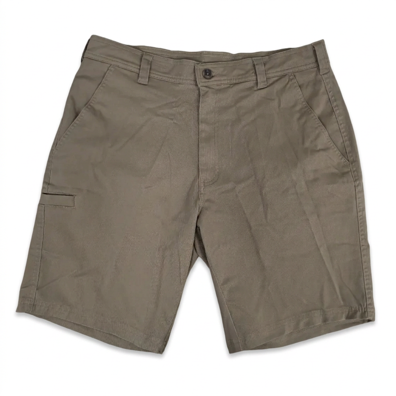Buc-ee’s Caribou fishing twill shorts in light brown with belt loops, button closure, slant pockets, and a side utility pocket