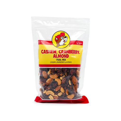 Buc-ee's Cashew, Cranberry, Almond Trail Mix in a clear bag showing whole cashews, almonds and dried cranberries