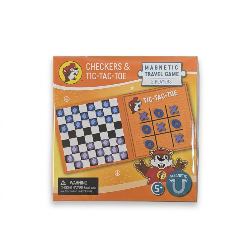 Buc-ee’s Checkers & Tic-Tac-Toe magnetic travel game for 2 players, ages 5 and up, with blue and purple game pieces