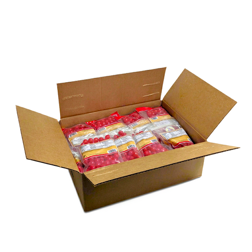 Buc-ee’s Cherry Sours case, with 12 oz bags of red sour candies packed label-side up in an open shipping box