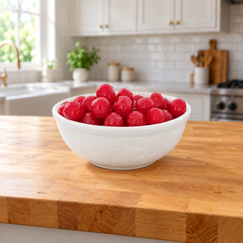 Buc-ee's Cherry Sours candies piled in a white bowl on a butcher block kitchen counter, ready to share