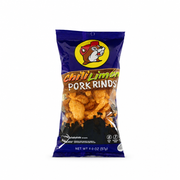 Navy bag of Buc-ee's Chili Limón Pork Rinds with clear window