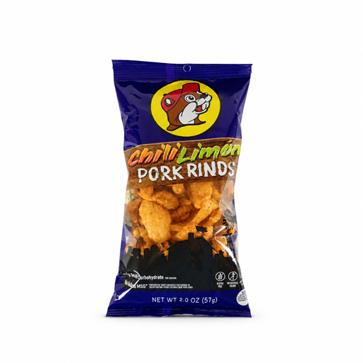 Buc-ee's Chili Limón Pork Rinds bag with clear window showing crispy chili lime seasoned rinds