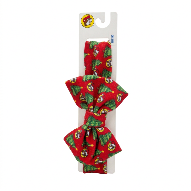 Buc-ee’s Christmas bow headband, one size, in red with Christmas tree, yellow star and beaver mascot print