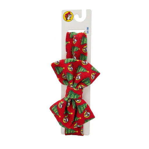 Buc-ee’s Christmas bow headband, one size, in red with Christmas tree, yellow star and beaver mascot print