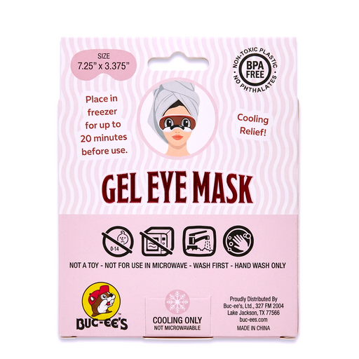 Buc-ee’s Christmas Gel Eye Mask package back with freezer directions, a BPA free label, and a 7.25 x 3.375 inch size