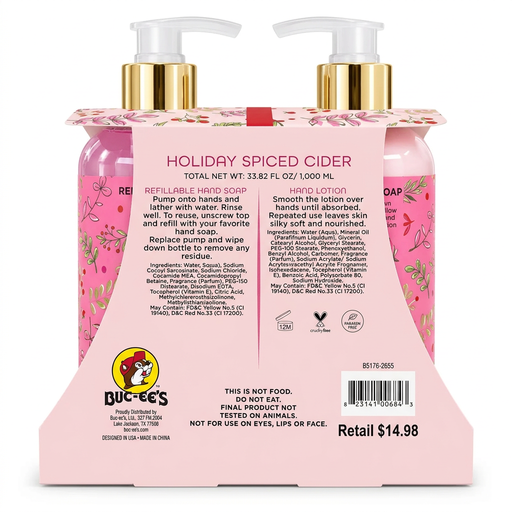 Buc-ee’s Christmas Holiday Spiced Cider Hand Soap & Lotion Set back label with directions and ingredients, 33.82 fl oz total