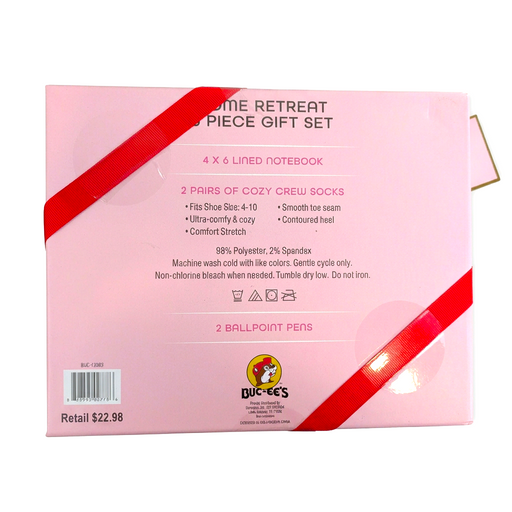 Buc-ee’s Christmas Home Retreat Gift Set pink box back listing a 4x6 lined notebook, two pairs of crew socks, and two pens