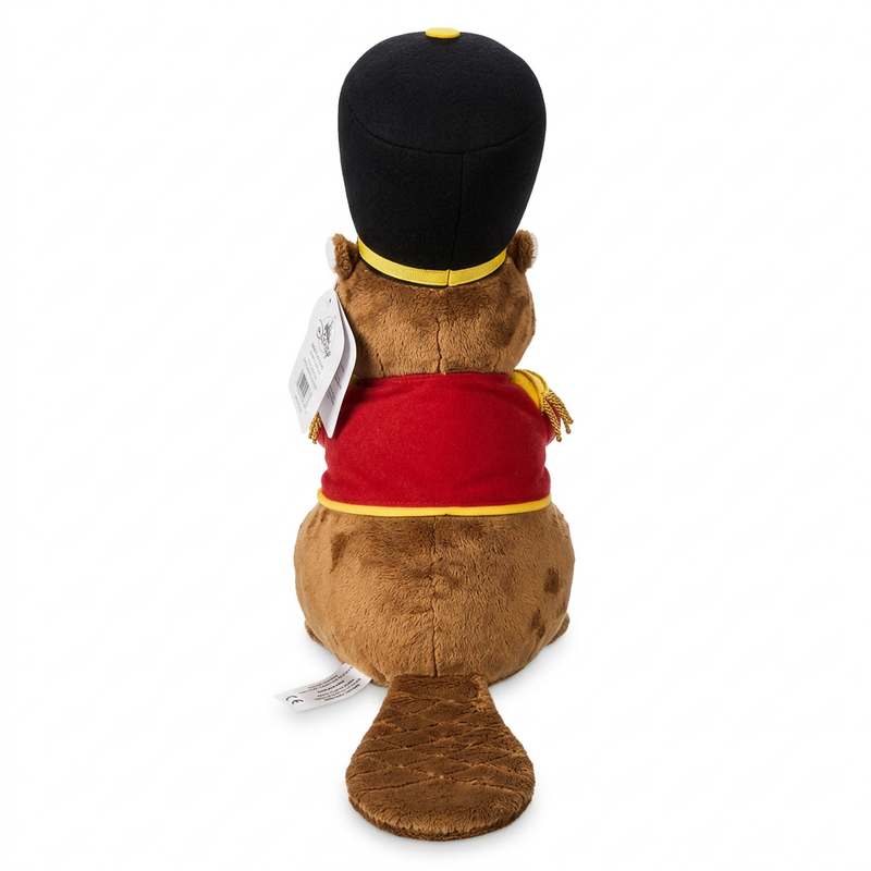 Buc-ee’s Christmas Nutcracker Plush back view, showing a tall black hat, red jacket with gold trim, and a textured beaver tail