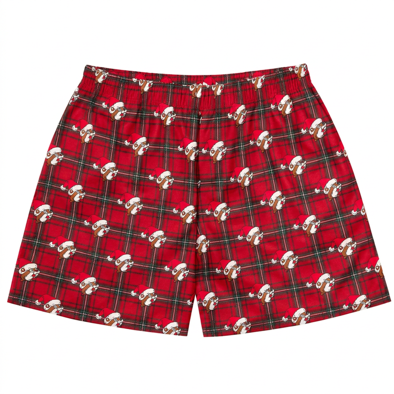 Buc-ee’s Christmas Plaid Boxers in red and green tartan with Santa hat beaver print and elastic waistband