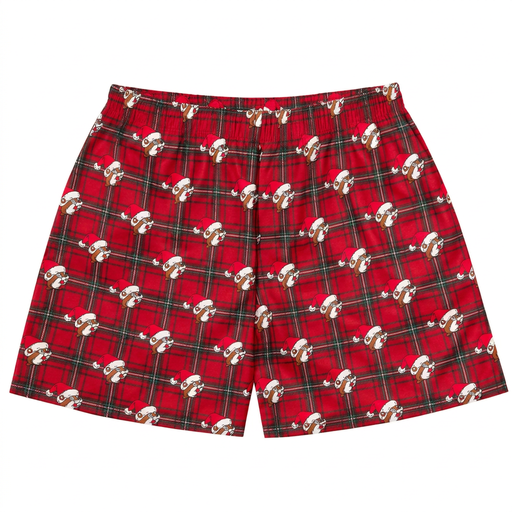 Buc-ee’s Christmas Plaid Boxers in red and green tartan with Santa hat beaver print and elastic waistband