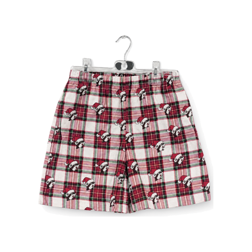 Red, green and white plaid flannel Christmas shorts with elastic waist and in Santa hats, front view