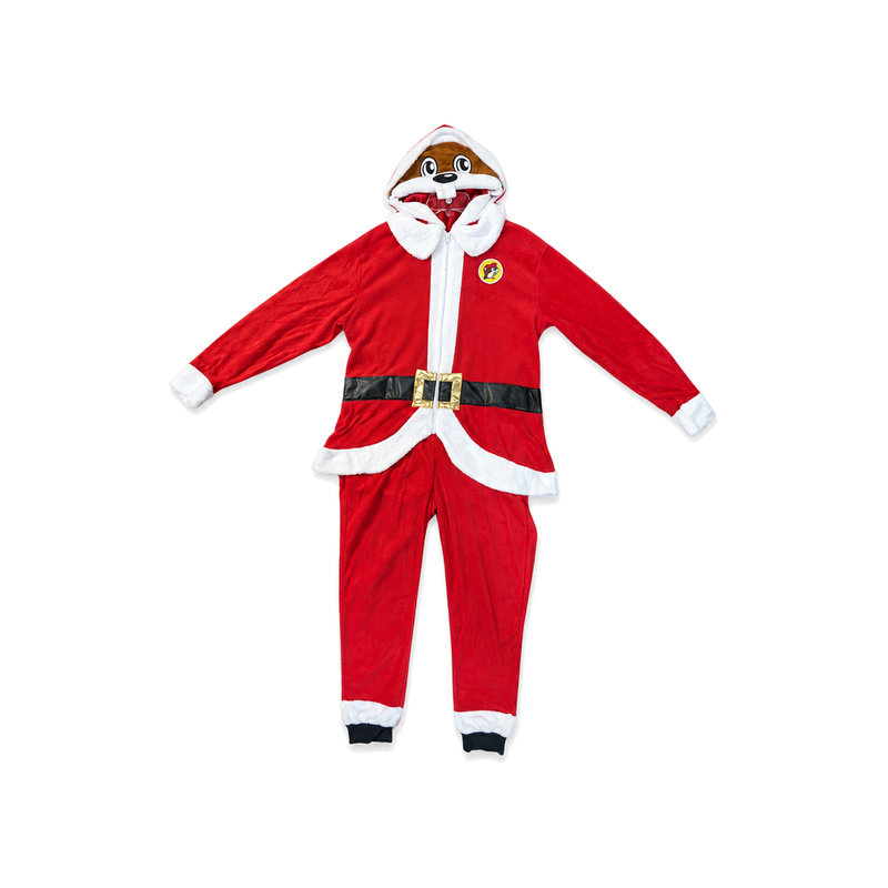 Adult red Buc-ee's Santa union suit with Buc-ee the Beaver hood, front view