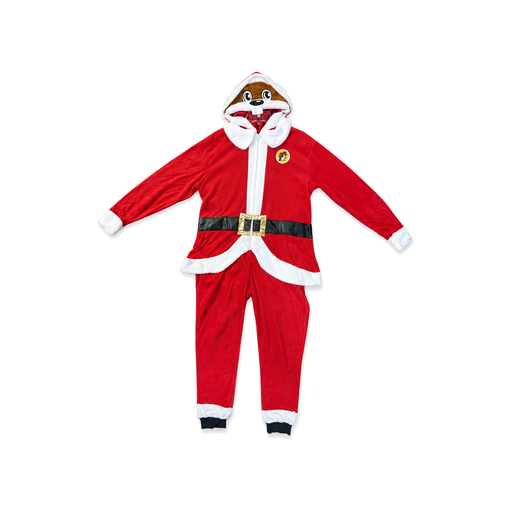Buc-ee's Christmas Santa union suit, a red one-piece pajama with white plush trim, black belt, zip front and beaver face hood