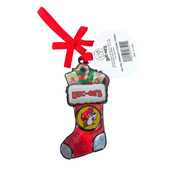Buc-ee’s Christmas Stocking Foil Ornament in red with the beaver logo, a candy cane, and snacks, hung on a red ribbon