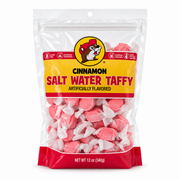 Buc-ee’s Cinnamon Salt Water Taffy, 12 oz resealable bag of individually wrapped pink candies, gluten free