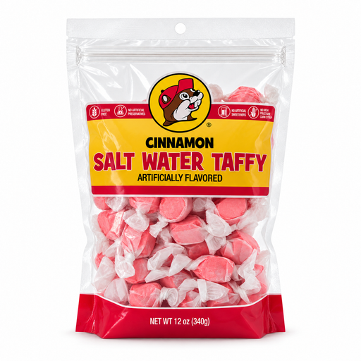 Buc-ee’s Cinnamon Salt Water Taffy, 12 oz resealable bag of individually wrapped pink candies, gluten free