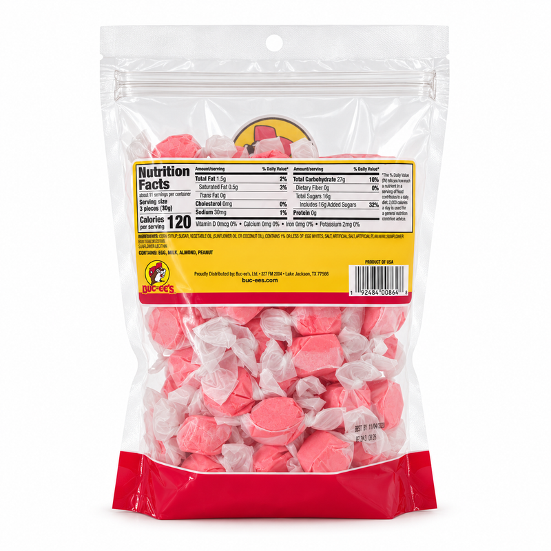 Back of Buc-ee’s Cinnamon Salt Water Taffy bag showing nutrition facts, 120 calories per 3-piece serving, and ingredients
