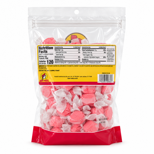 Back of Buc-ee’s Cinnamon Salt Water Taffy bag showing nutrition facts, 120 calories per 3-piece serving, and ingredients