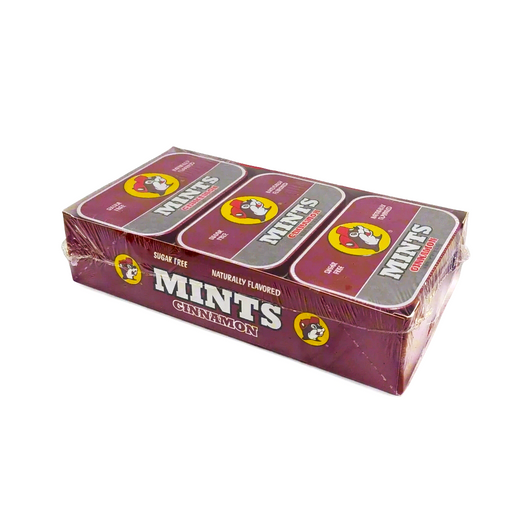 Buc-ee’s Cinnamon Mints, sugar free and naturally flavored, in a shrink-wrapped display tray of 6 maroon tins