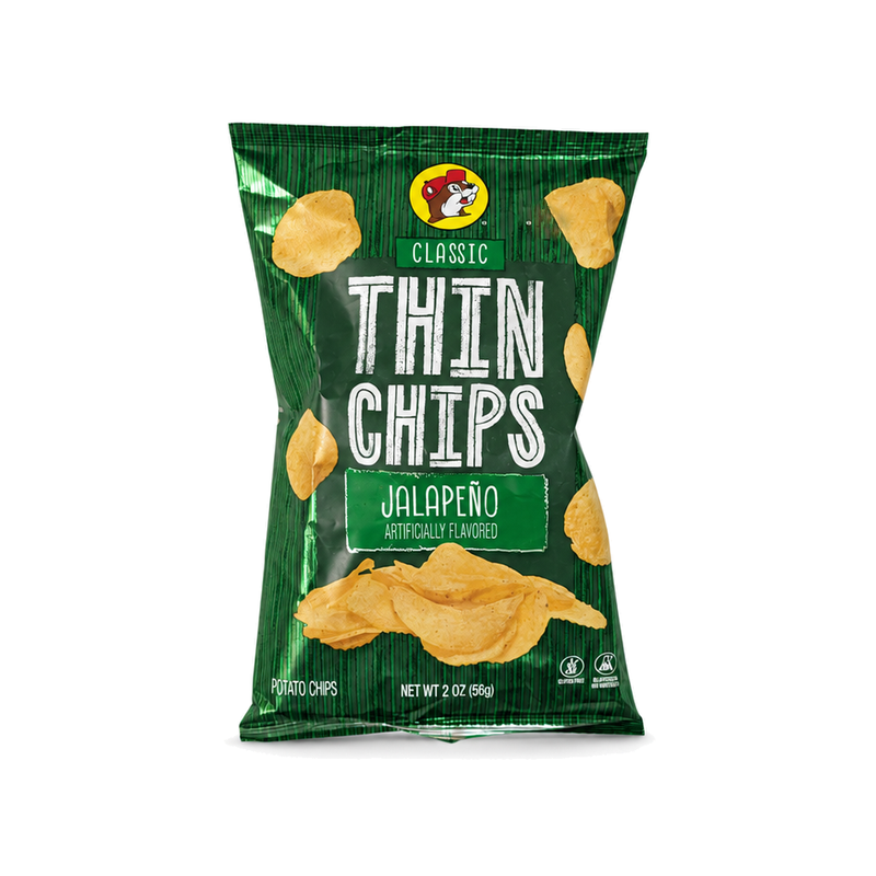 2 oz green bag of Buc-ee's Classic Thin Chips in Jalapeño flavor, front view on white