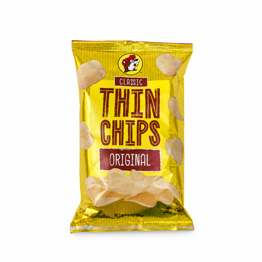 3 oz gold bag of Buc-ee's Classic Thin Chips in Original flavor, front view on white