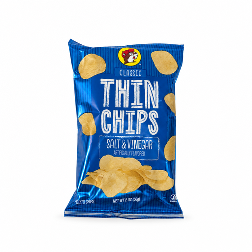 Blue bag of Buc-ee's Classic Thin Chips in Salt & Vinegar flavor, front view on white