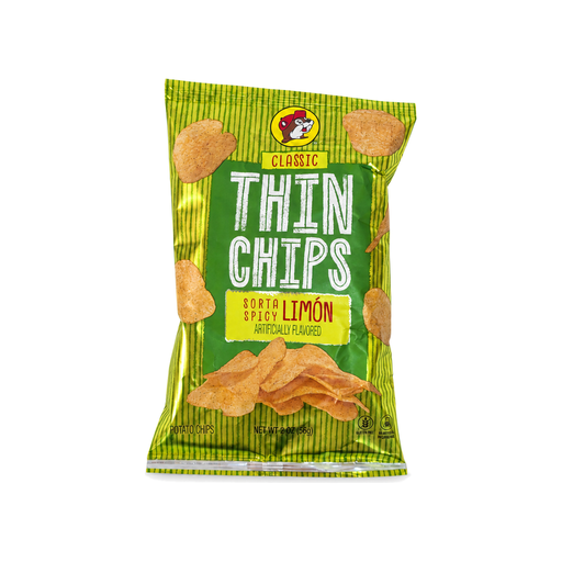 Lime green bag of Buc-ee's Classic Thin Chips in Sorta Spicy Limón flavor, on white