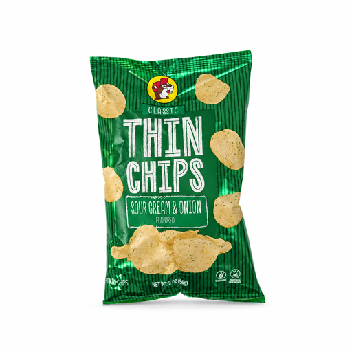 Buc-ee's Classic Thin Chips, Sour Cream & Onion flavored potato chips in a 2 oz green bag, labeled gluten free