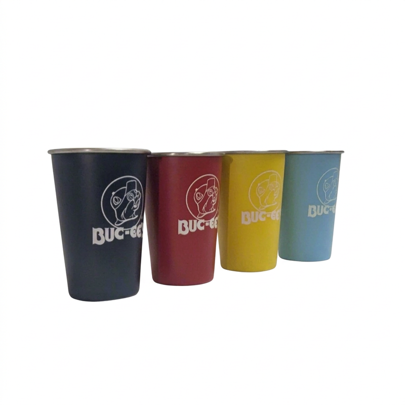 Buc-ee’s Color-Change Metal Pint Set at an angle, showing the tapered cup shape and silver metal rims