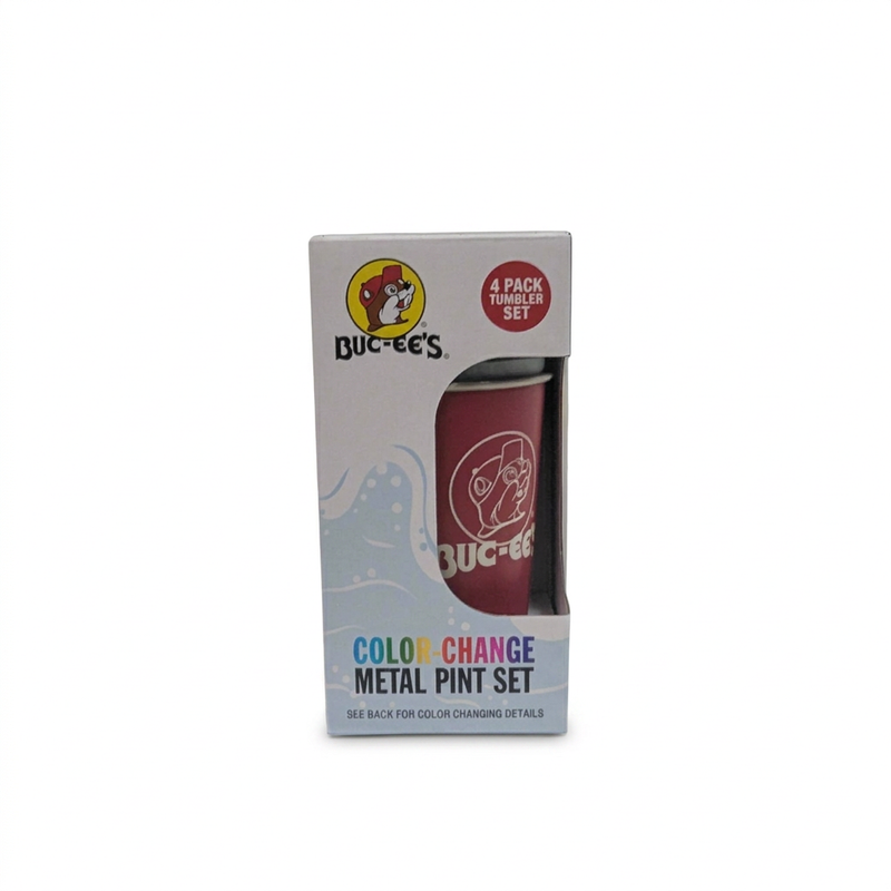 Buc-ee’s Color-Change Metal Pint Set in its box, labeled 4 Pack Tumbler Set, with stacked cups visible in the window