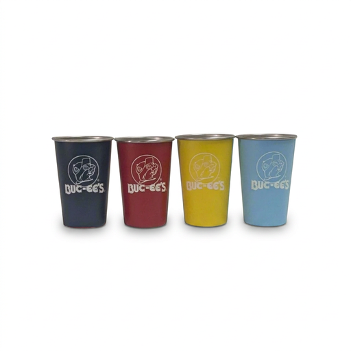 Buc-ee’s Color-Change Metal Pint Set of 4 cups in navy, red, yellow, and light blue with a white beaver logo