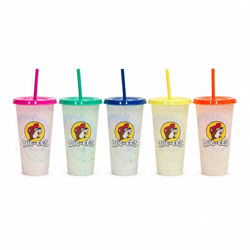 Five Buc-ee's color-changing tumblers unboxed, each with a beaver logo and matching pink, green, blue, yellow, or orange lid and straw