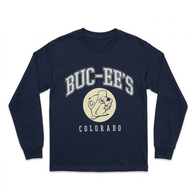 Buc-ee’s Colorado long-sleeve shirt in navy with varsity-style lettering and cream beaver logo