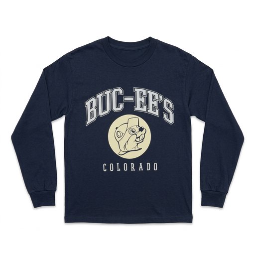 Buc-ee’s Colorado long-sleeve shirt in navy with varsity-style lettering and cream beaver logo