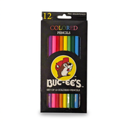 Buc-ee’s 12-count pre-sharpened colored pencils in a black box with the beaver logo and a window showing rainbow colors