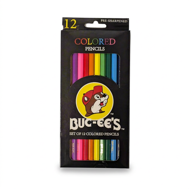 Buc-ee’s 12-count pre-sharpened colored pencils in a black box with the beaver logo and a window showing rainbow colors