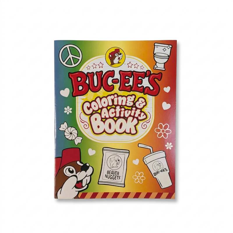 Buc-ee’s Coloring & Activity Book with a rainbow cover featuring the beaver mascot, Beaver Nuggets bag, and drink cup