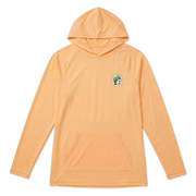 Buc-ee’s coral long-sleeve hooded swim shirt with kangaroo pocket and small teal-cap beaver chest logo