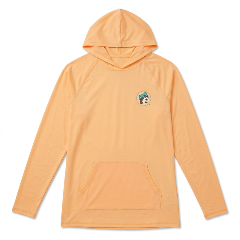 Buc-ee’s coral long-sleeve hooded swim shirt with kangaroo pocket and small teal-cap beaver chest logo