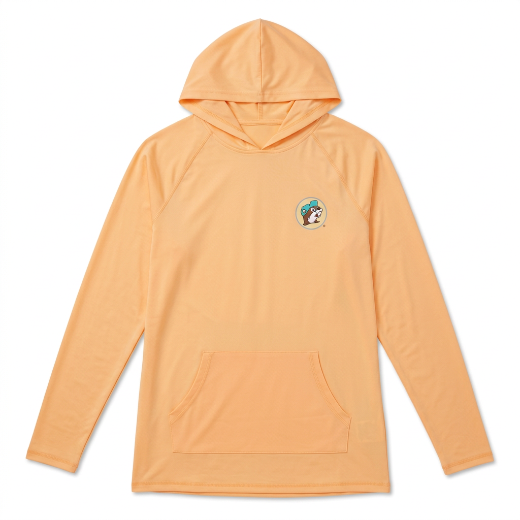 Buc-ee’s coral long-sleeve hooded swim shirt with kangaroo pocket and small teal-cap beaver chest logo