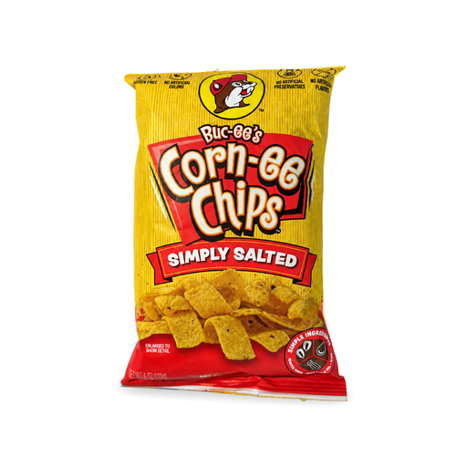 Buc-ee's Corn-ee Chips Simply Salted in a 4 oz bag, gluten-free corn chips with no artificial colors or preservatives